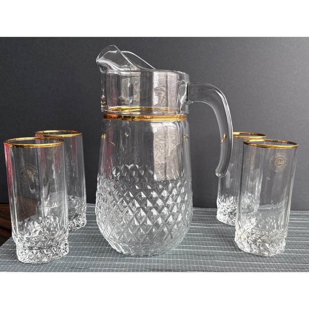 Vintage PASABAHCE Beverage 5 Piece Set Collectible Turkey Pitcher 4 Glasses